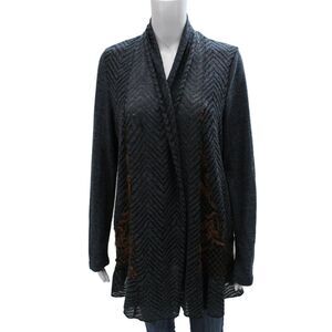 High Secret Women Cardigan Blue Acrylic Herringbone Collared Long Sleeve Size S